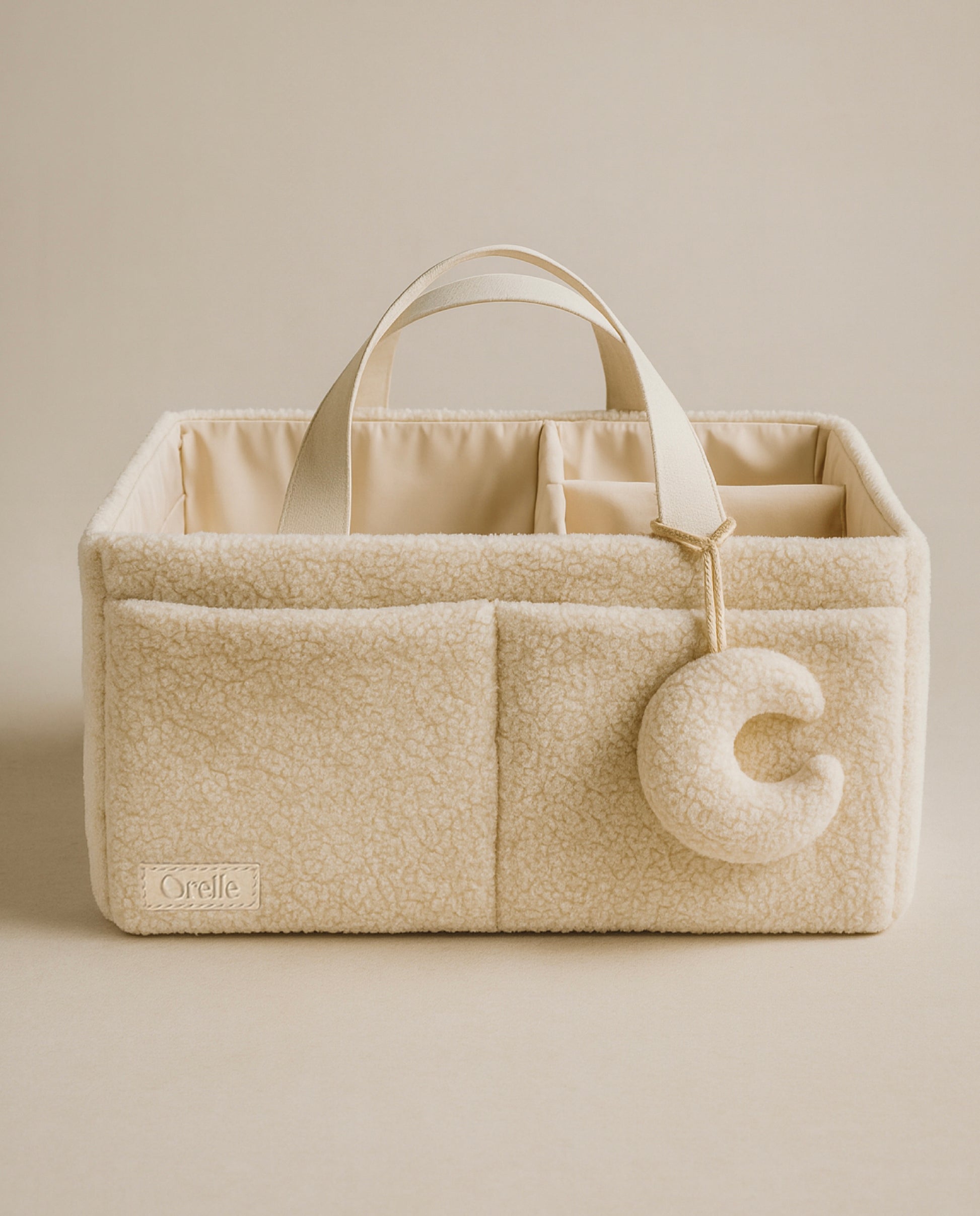 Bouclé Diaper Caddy Organizer with Matching Pouch & Moon Pendant