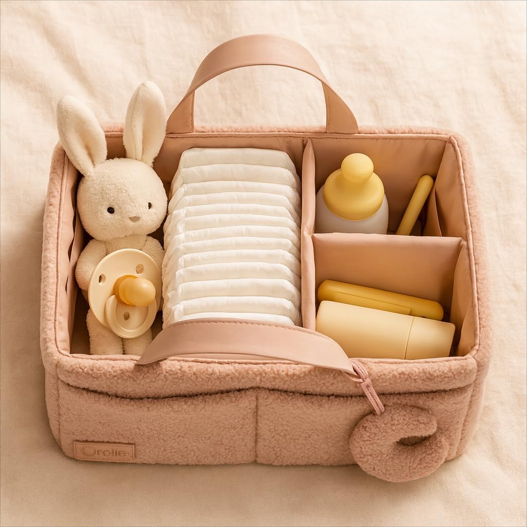 Bouclé Diaper Caddy Organizer with Matching Pouch & Moon Pendant