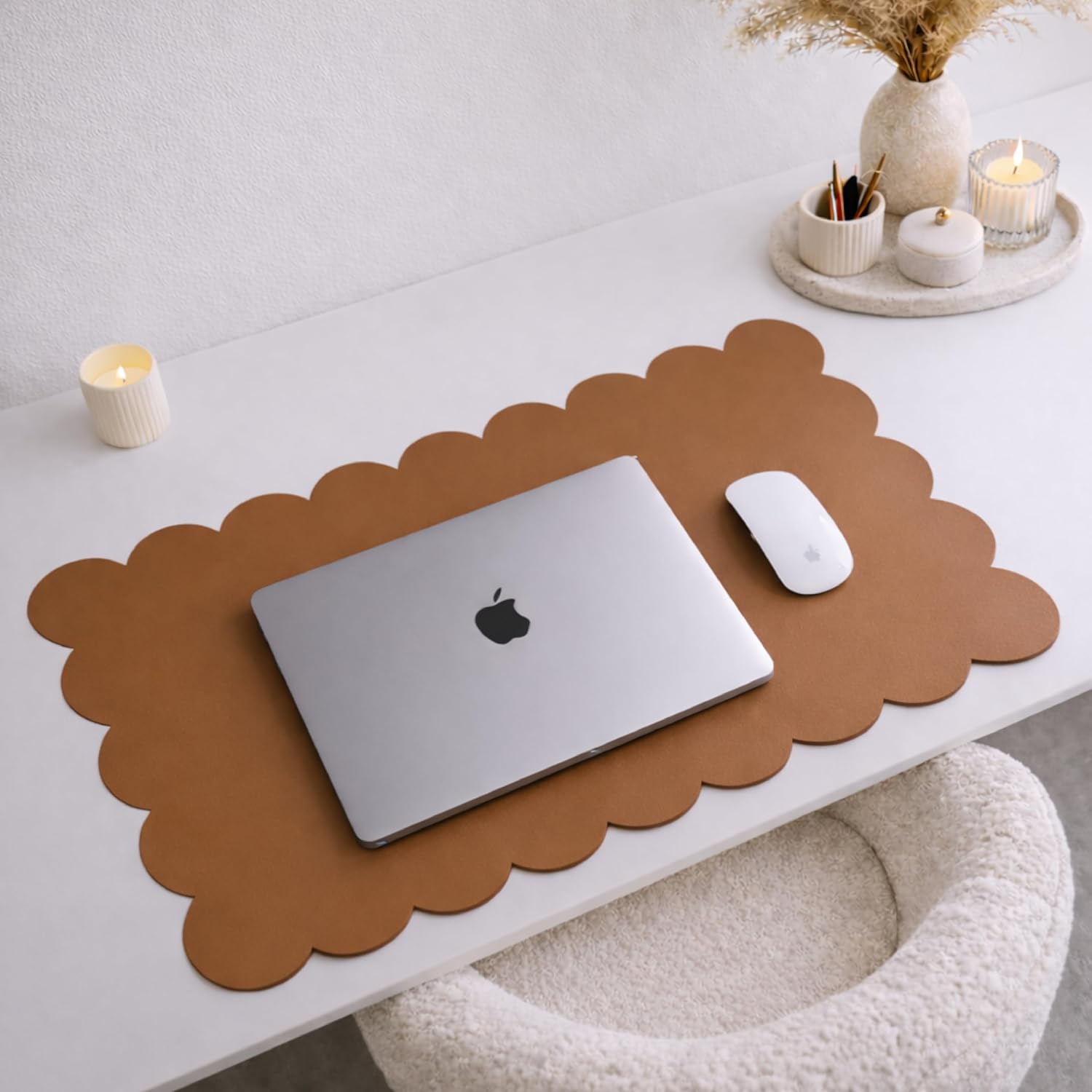 Orelle Scalloped Desk Mat | Vegan Leather Desk Mat for Keyboard and Mouse, Laptop, Makeup Vanity | 30 x 15”