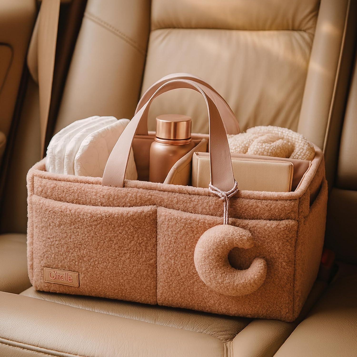 Bouclé Diaper Caddy Organizer with Matching Pouch & Moon Pendant