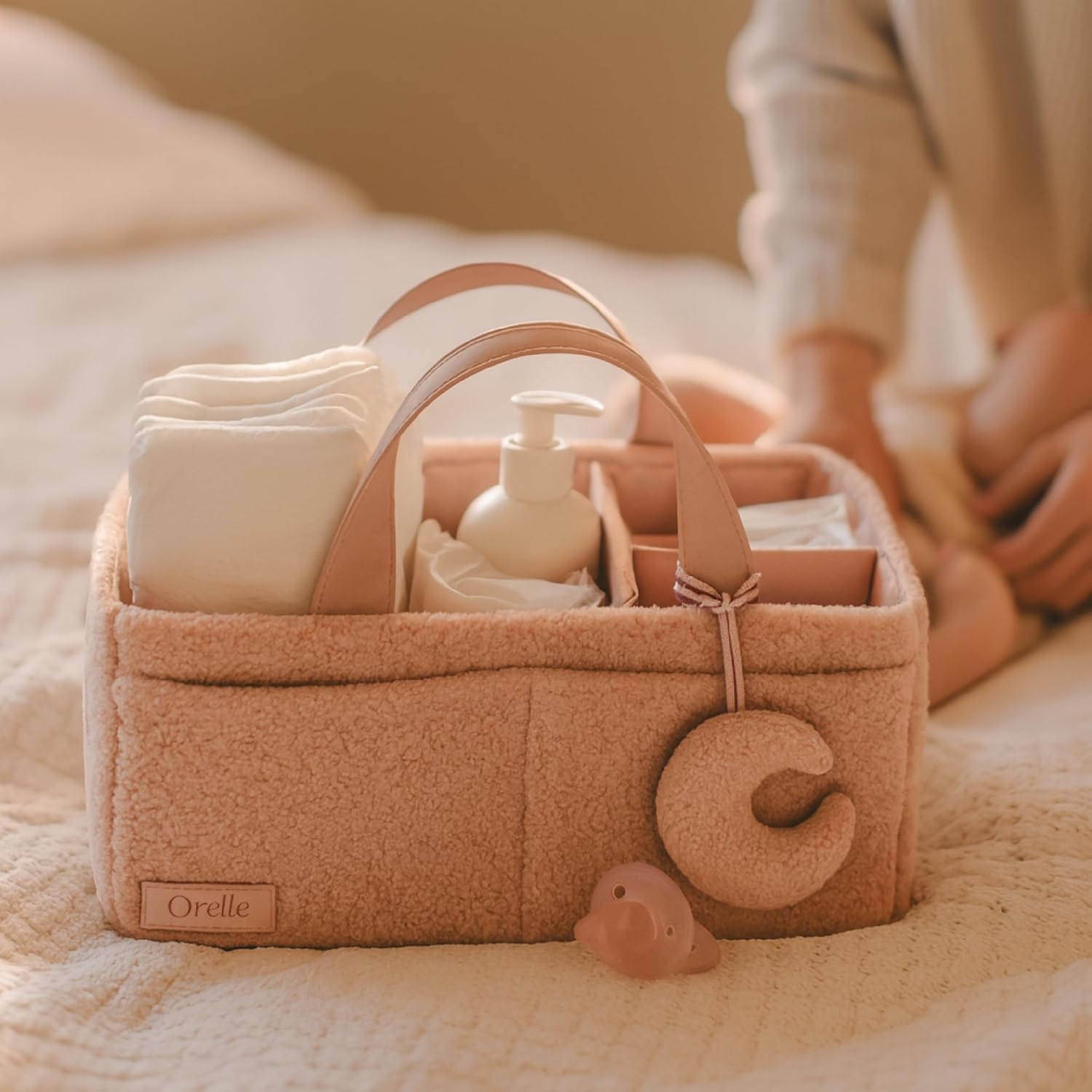 Bouclé Diaper Caddy Organizer with Matching Pouch & Moon Pendant