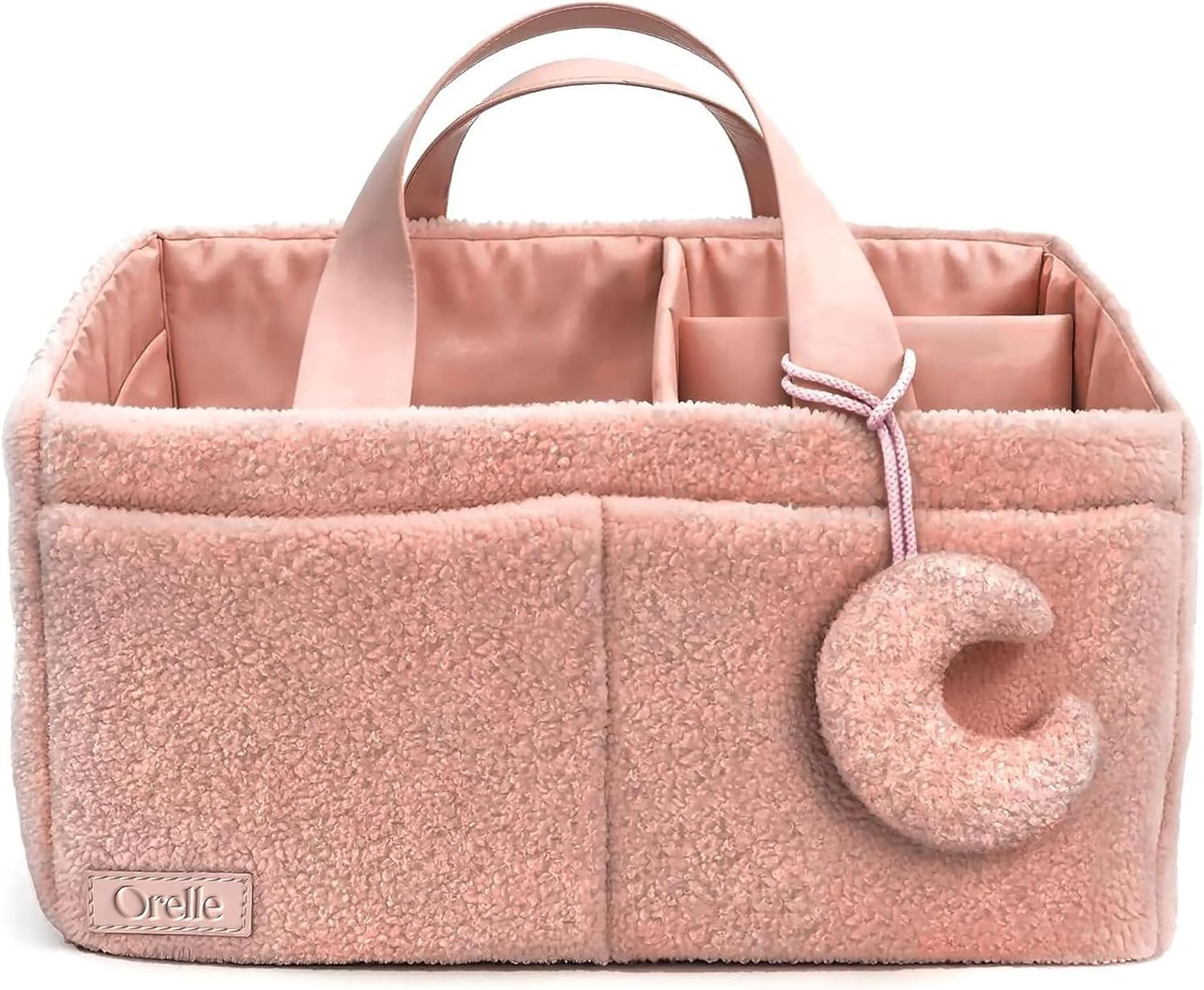 Bouclé Diaper Caddy Organizer with Matching Pouch & Moon Pendant