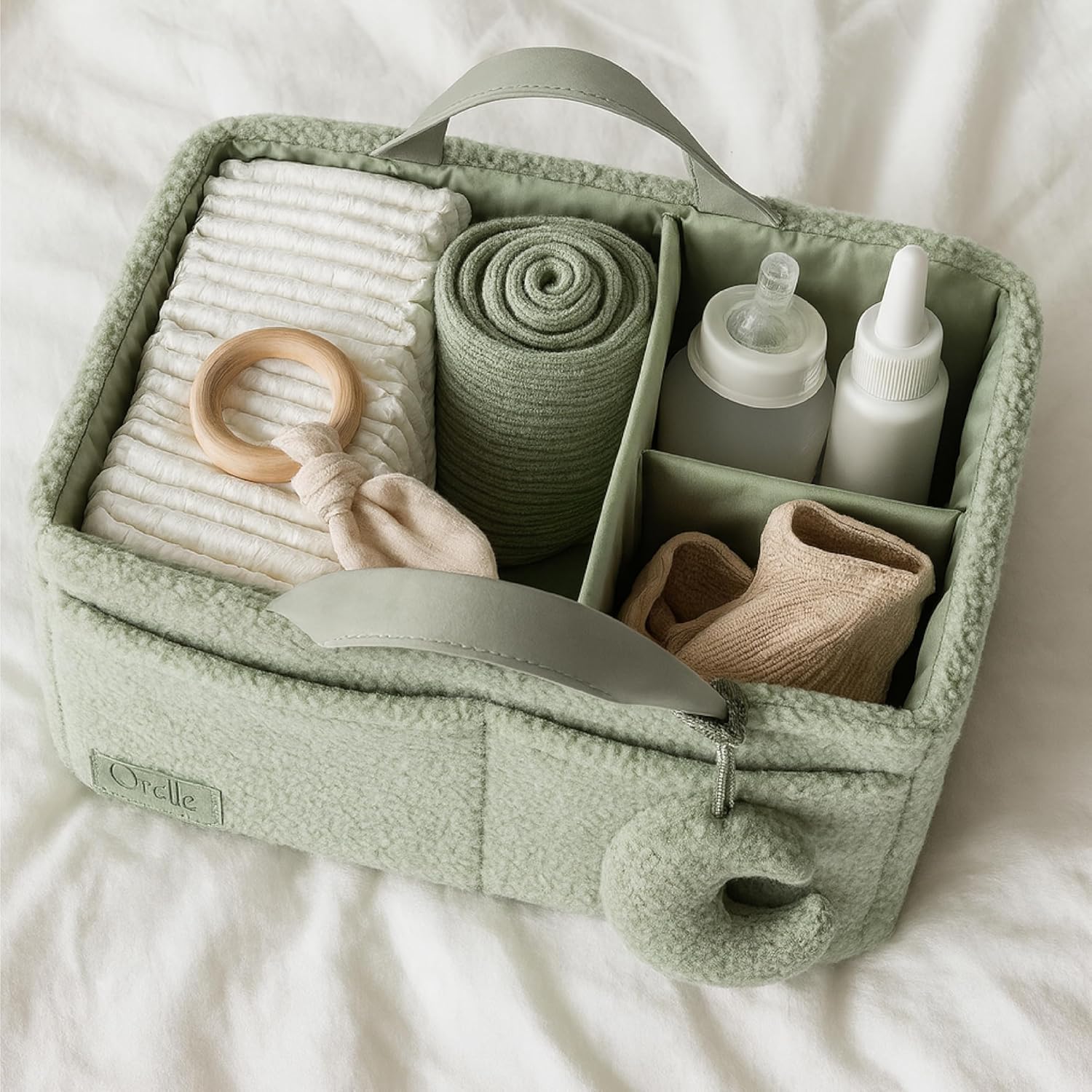 Bouclé Diaper Caddy Organizer with Matching Pouch & Moon Pendant