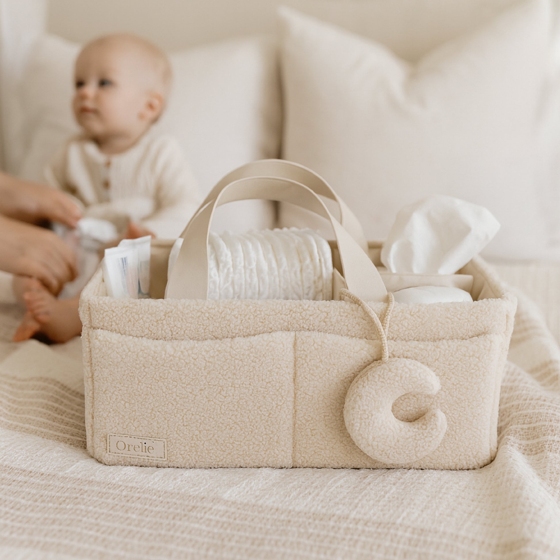 Bouclé Diaper Caddy Organizer with Matching Pouch & Moon Pendant