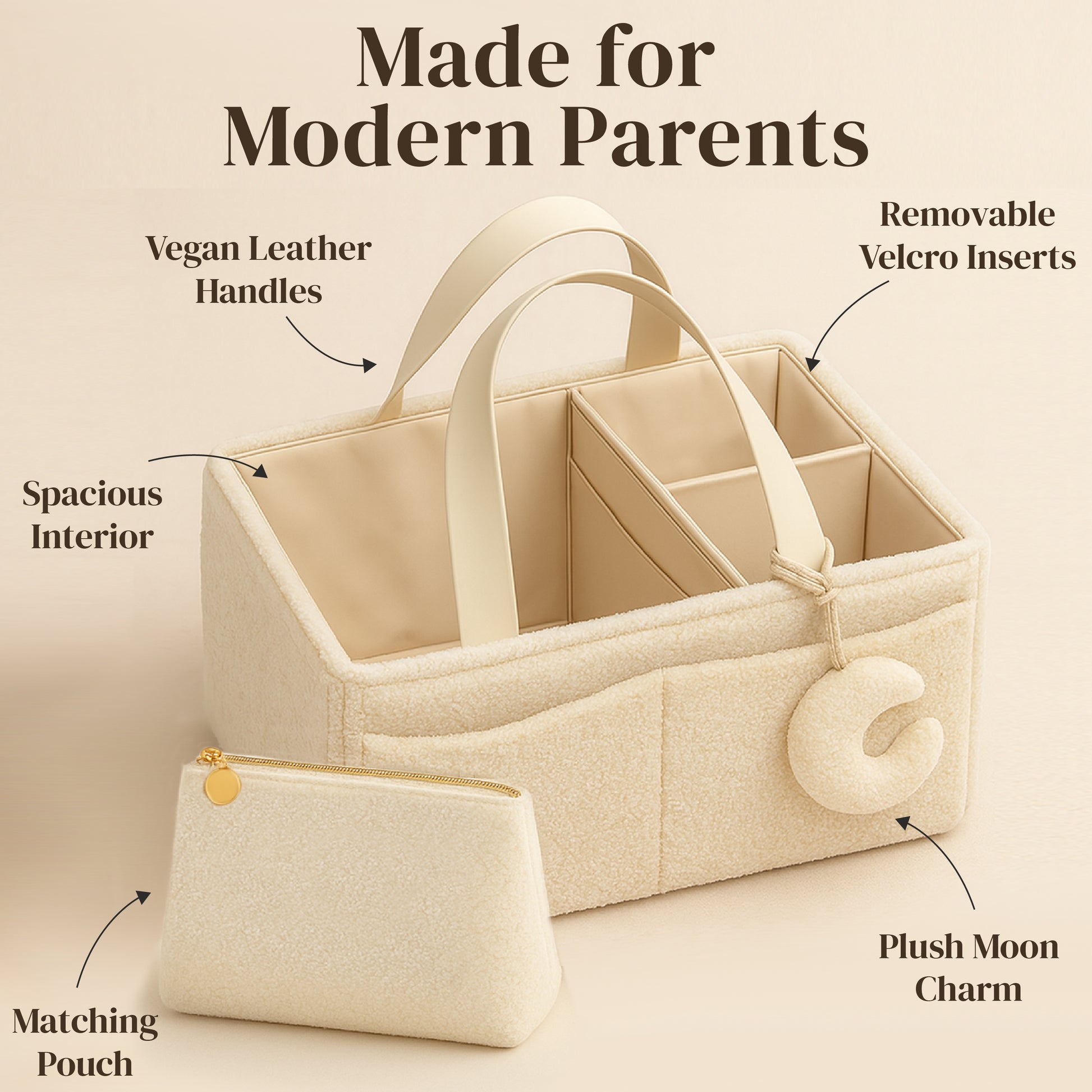 Bouclé Diaper Caddy Organizer with Matching Pouch & Moon Pendant