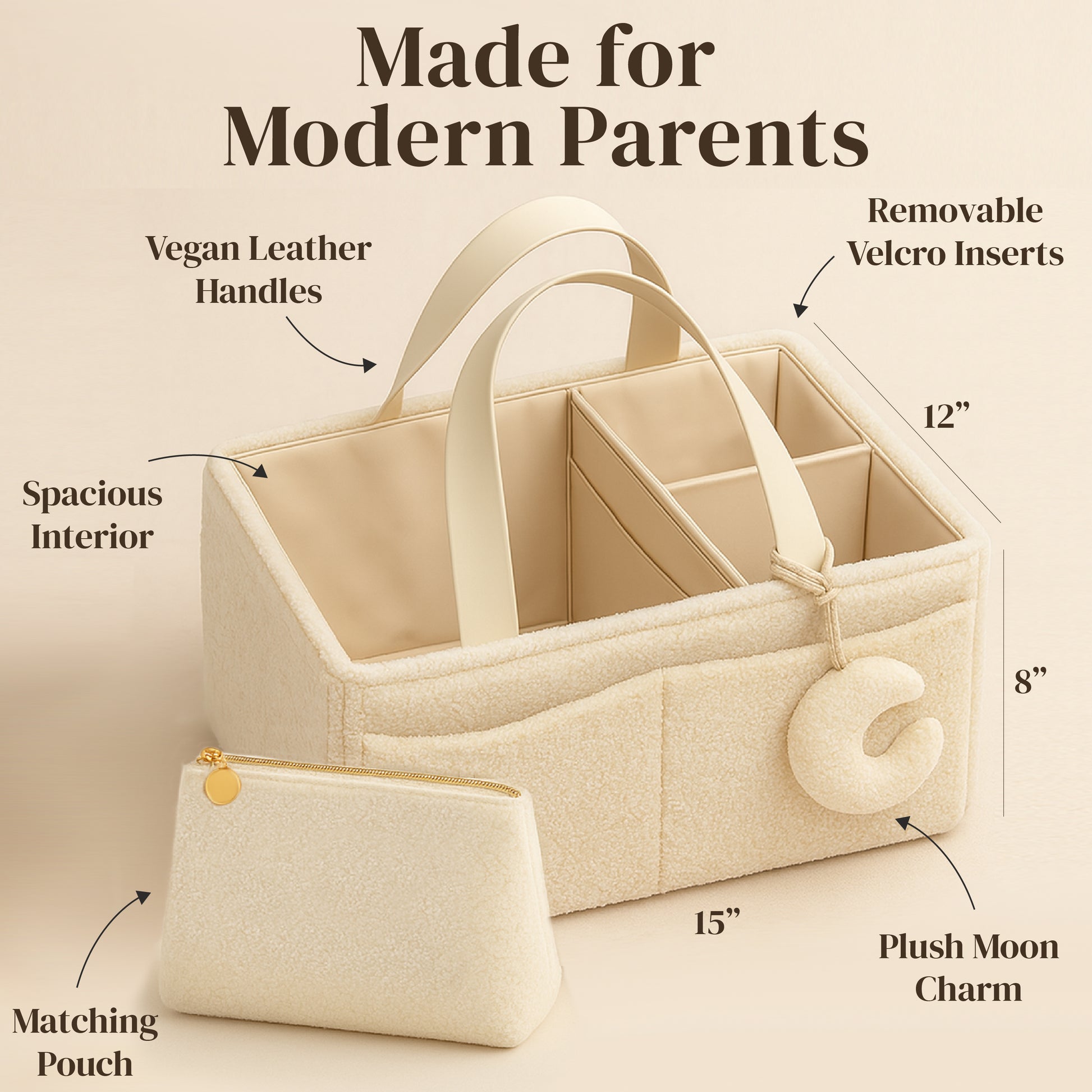 Bouclé Diaper Caddy Organizer with Matching Pouch & Moon Pendant
